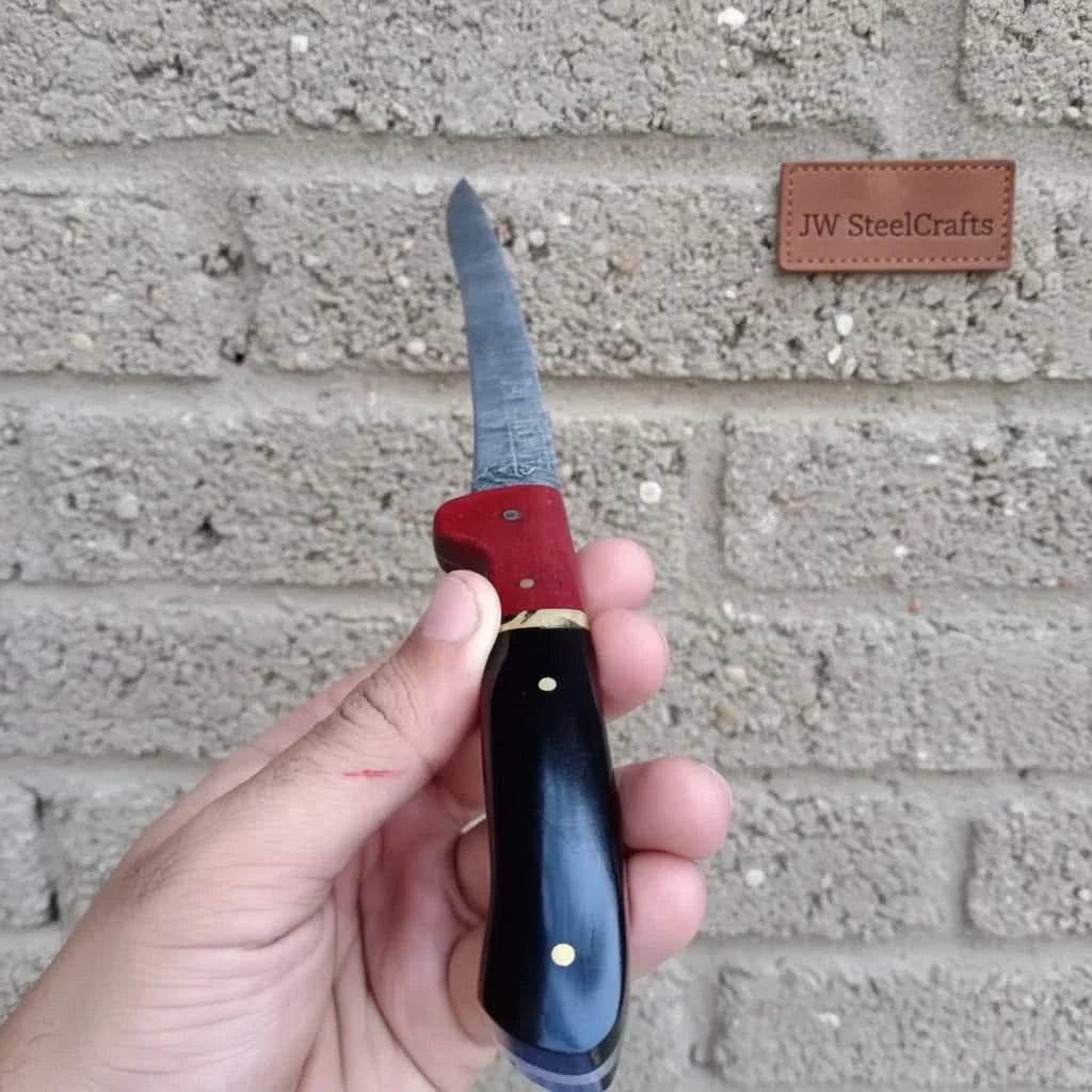 13-Inch Forged Damascus Boning & Fillet Knife — Blue and Red Two-Tone Resin Handle, Steel Bolster & Silver Pins