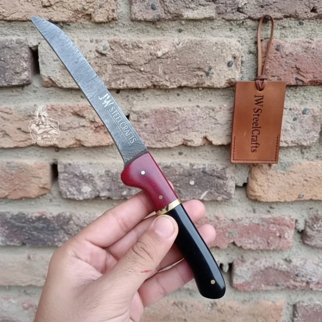 13-Inch Forged Damascus Boning & Fillet Knife — Blue and Red Two-Tone Resin Handle, Steel Bolster & Silver Pins