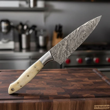 Custom Handmade Damascus Bunka Knife with Bone Handle and Steel Bolster, Hand Forged Japanese knives