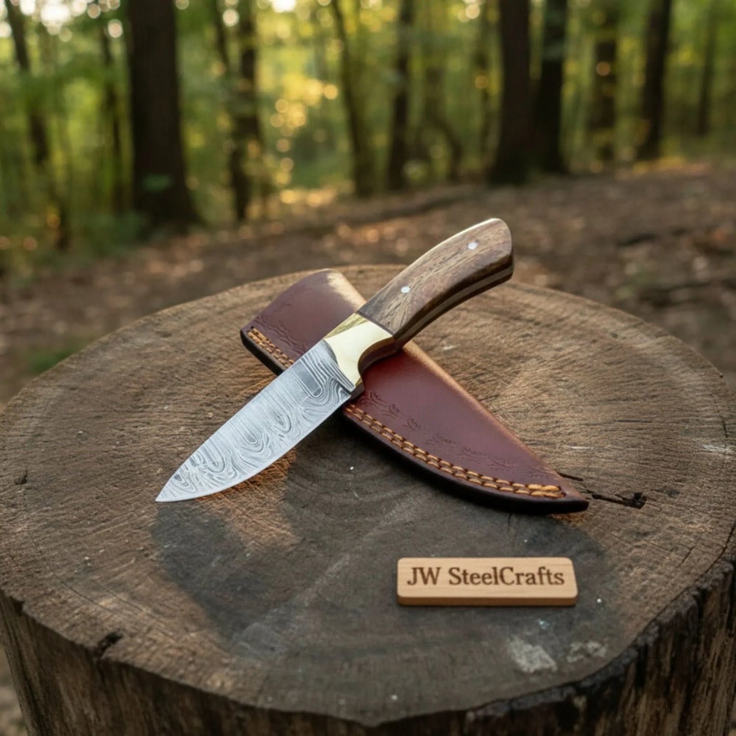 Handmade Damascus Field Knife 8” Bushcraft Knife Wood Handle with Leather Sheath
