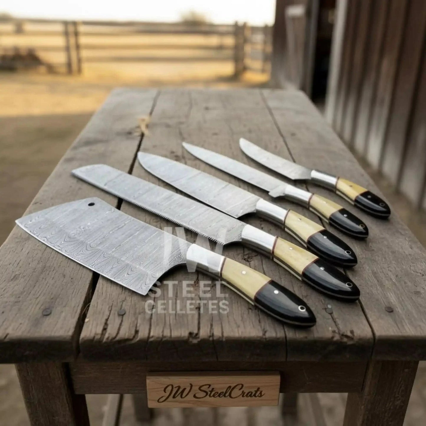 5-Piece Damascus Chef Knife Set – Camel Bone and Black Micarta Handles