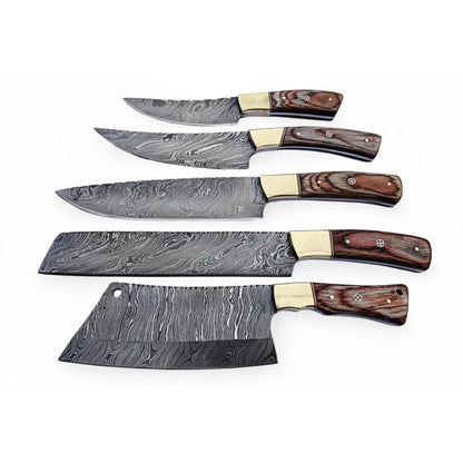 Handmade Damascus Kitchen Knife Set of 5 with Full Tang Wood Handles