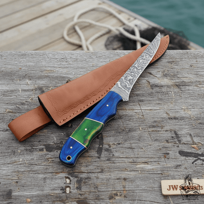 Handmade Damascus Fillet Knife – 10 Inch Overall, 5 Inch Precision Fish Filleting Blade with Colored Wood Handle, Full Tang Fishing Knife with Leather Sheath, JW SteelCrafts