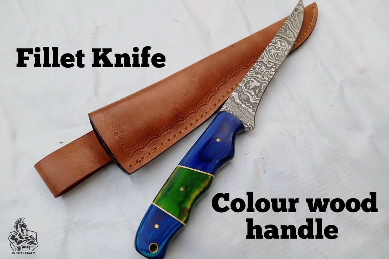 Handmade Damascus Fillet Knife – 10 Inch Overall, 5 Inch Precision Fish Filleting Blade with Colored Wood Handle, Full Tang Fishing Knife with Leather Sheath, JW SteelCrafts