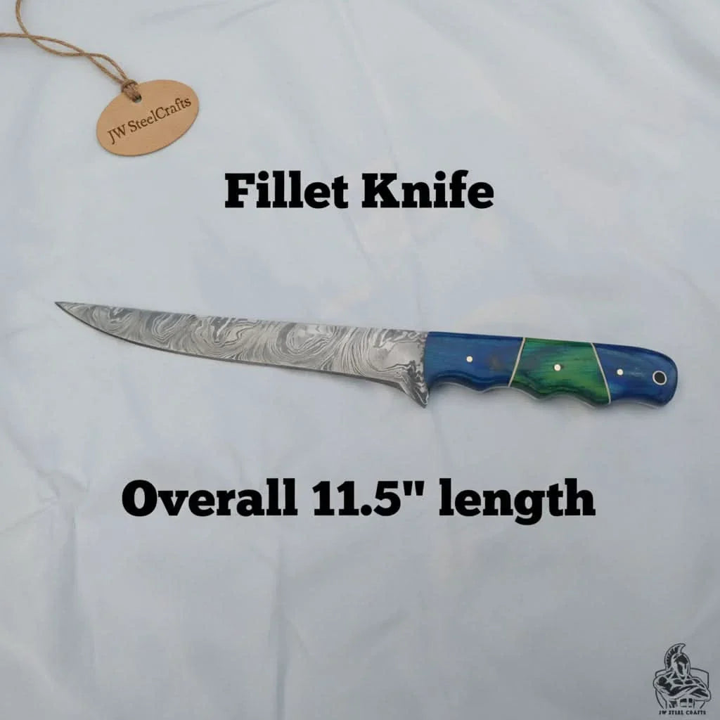 11.5 Inch Damascus Steel Fillet Knife with Two-Tone Colored Wood Handle | JW SteelCrafts