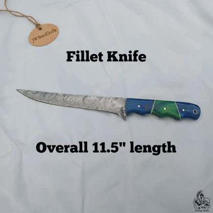 11.5 Inch Damascus Steel Fillet Knife with Two-Tone Colored Wood Handle | JW SteelCrafts