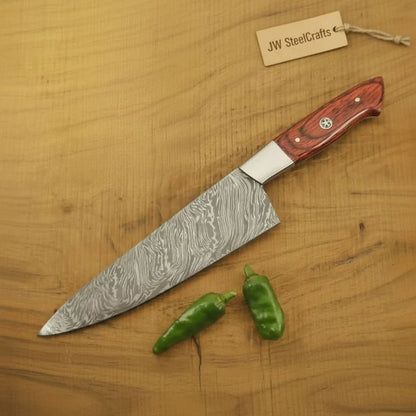12 Inch Handmade Damascus Gyuto Chef Knife – Japanese Style Blade with Red Pakka Wood Handle