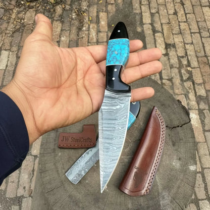 Handmade Damascus Skinner 7”–8” Knife Set Cowboy Ranch Blades Turquoise Handle with Sheath