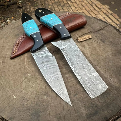 Handmade Damascus Skinner 7”–8” Knife Set Cowboy Ranch Blades Turquoise Handle with Sheath