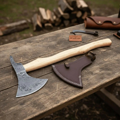 Handmade Damascus Steel Bearded Spike Axe – Hand Forged Viking Bearded Axe with Ash Wood Handle and Leather Sheath | JW SteelCrafts