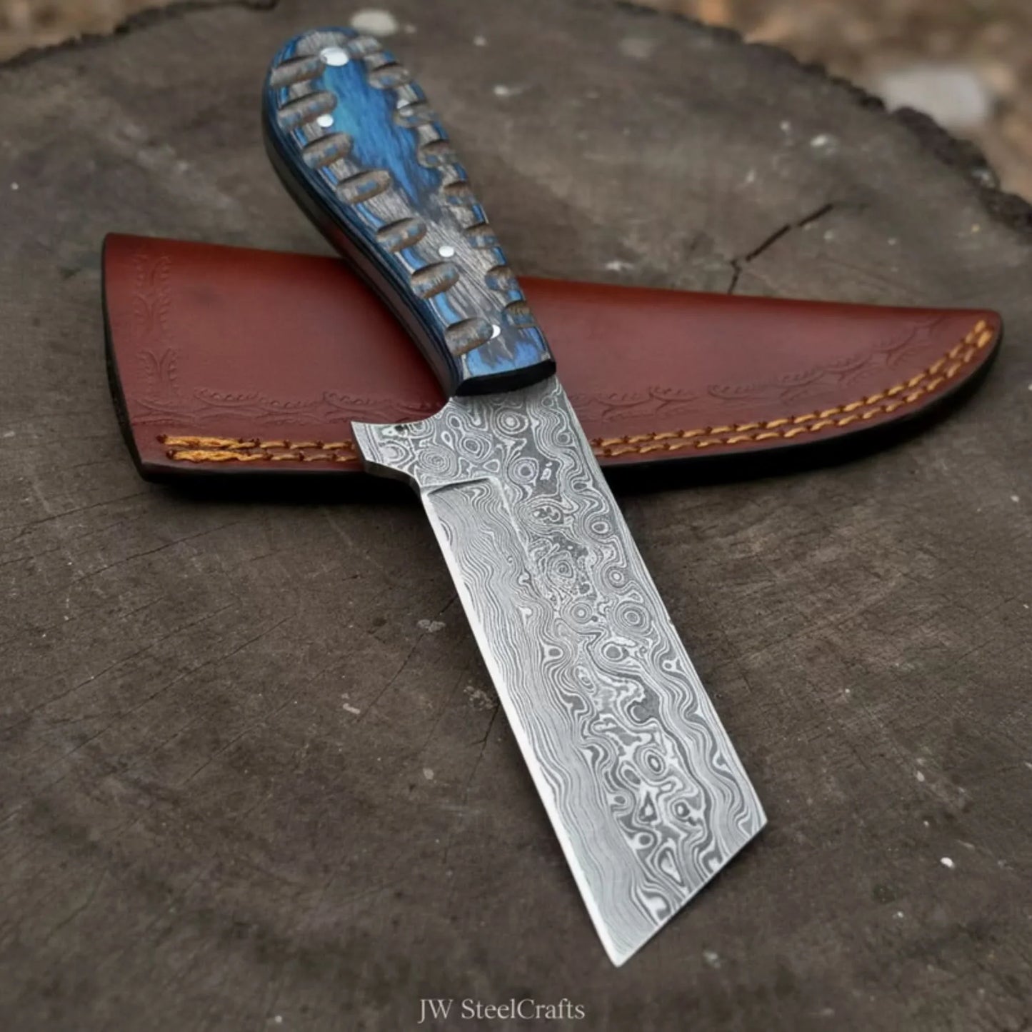 Western Bull Cutter 7” Knife – Damascus Ranch Blade with Blue Stabilized Handle & Sheath