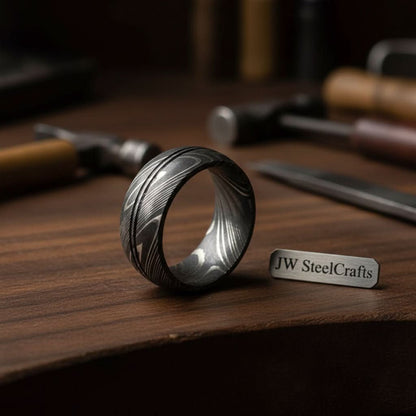 Mens Damascus Steel Wedding Band Double Center Groove Pattern Ring