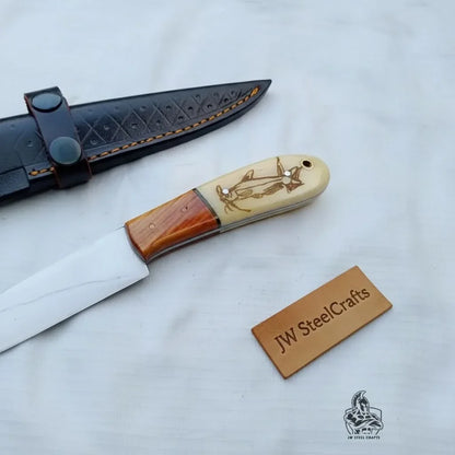 Handmade 13 Inch Fillet Knife with Engraved Bone and Wood Handle, Full Tang Fishing Knife with Leather Sheath