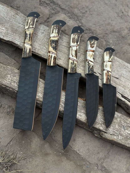 Handmade Hammered Chef Knife Set with Stag Antler Handles | 5-Piece Kitchen Knife Set