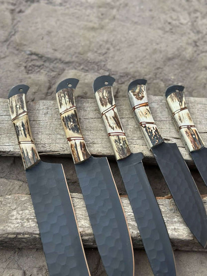 Handmade Hammered Chef Knife Set with Stag Antler Handles | 5-Piece Kitchen Knife Set