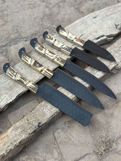 Handmade Hammered Chef Knife Set with Stag Antler Handles | 5-Piece Kitchen Knife Set