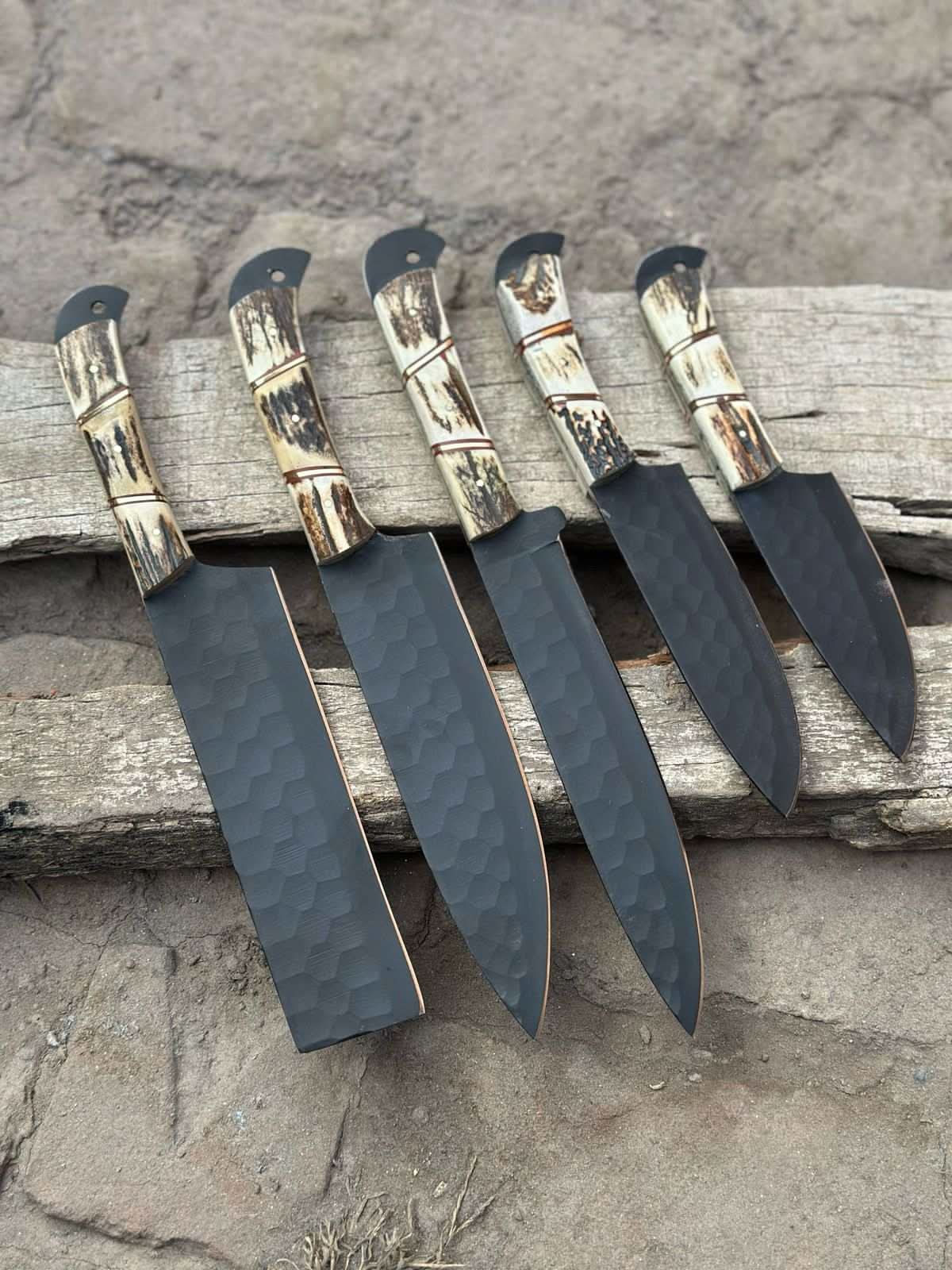 Handmade Hammered Chef Knife Set with Stag Antler Handles | 5-Piece Kitchen Knife Set