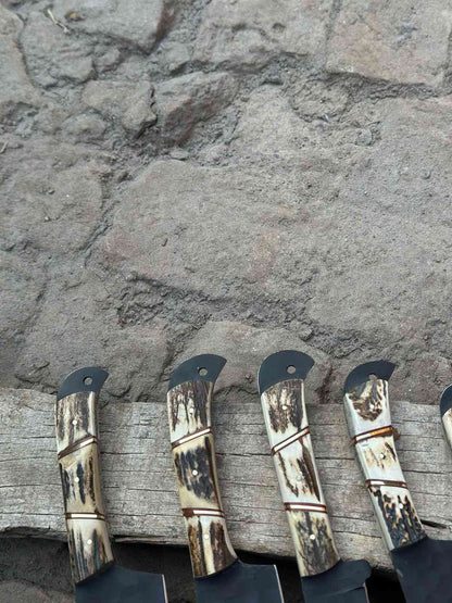 Handmade Hammered Chef Knife Set with Stag Antler Handles | 5-Piece Kitchen Knife Set