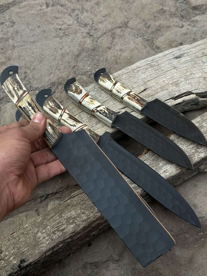 Handmade Hammered Chef Knife Set with Stag Antler Handles | 5-Piece Kitchen Knife Set
