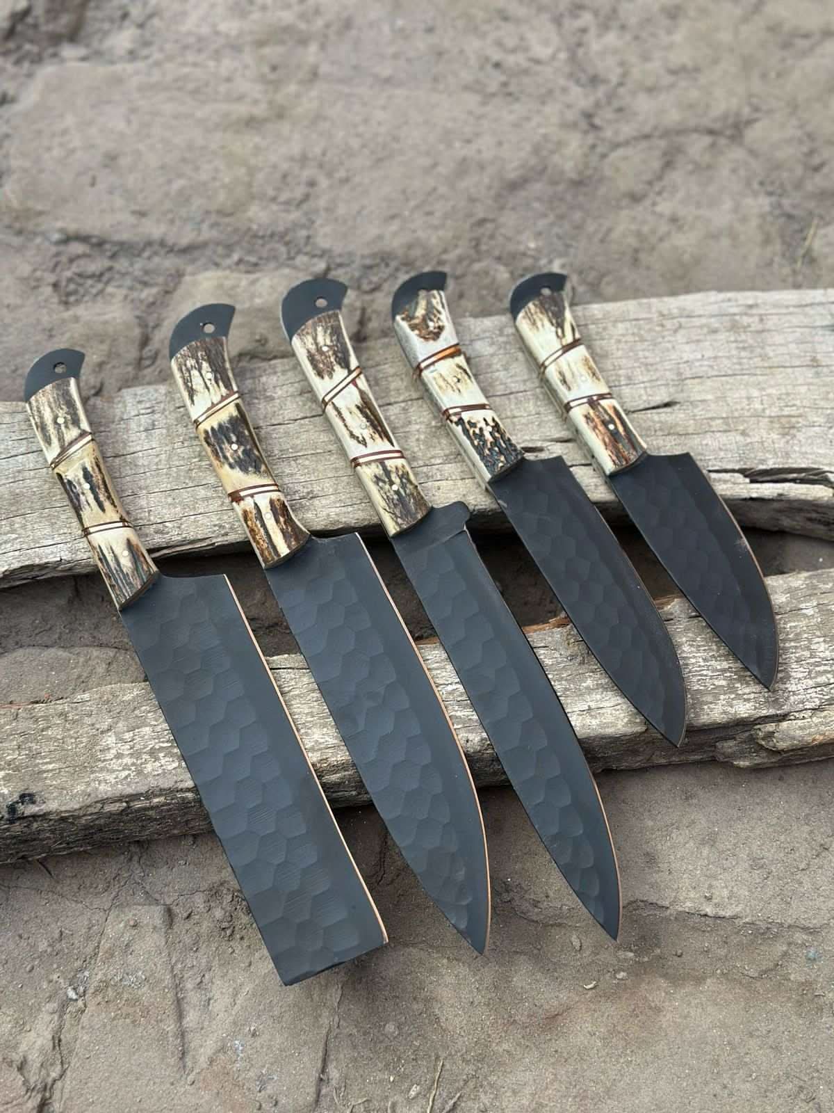 Handmade Hammered Chef Knife Set with Stag Antler Handles | 5-Piece Kitchen Knife Set
