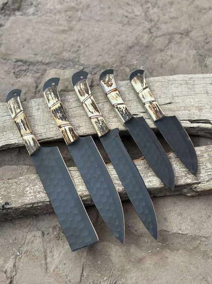Handmade Hammered Chef Knife Set with Stag Antler Handles | 5-Piece Kitchen Knife Set