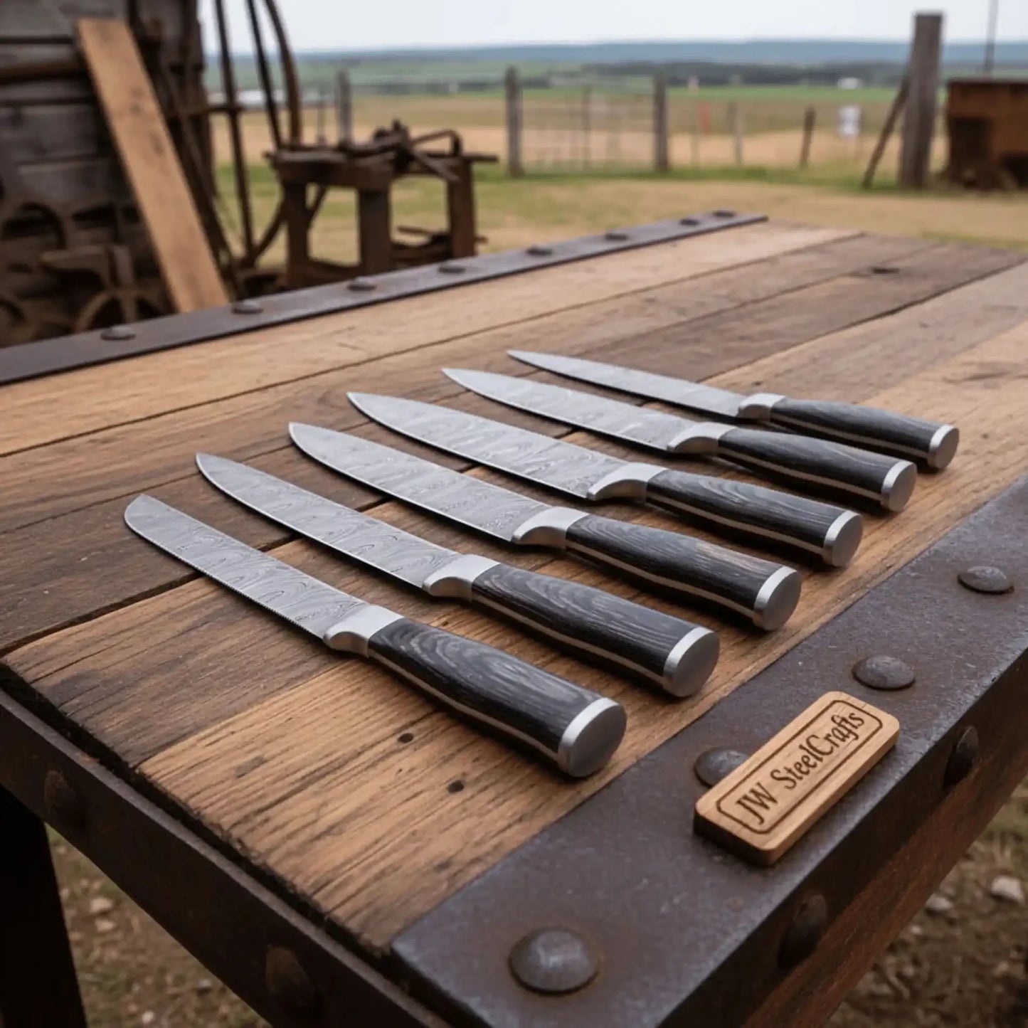 6-Piece Damascus Kitchen Knife Set — Black Wood Handles, Steel Bolsters, Bread, Slicer, Chef, Santoku, Utility & Paring with Leather Roll