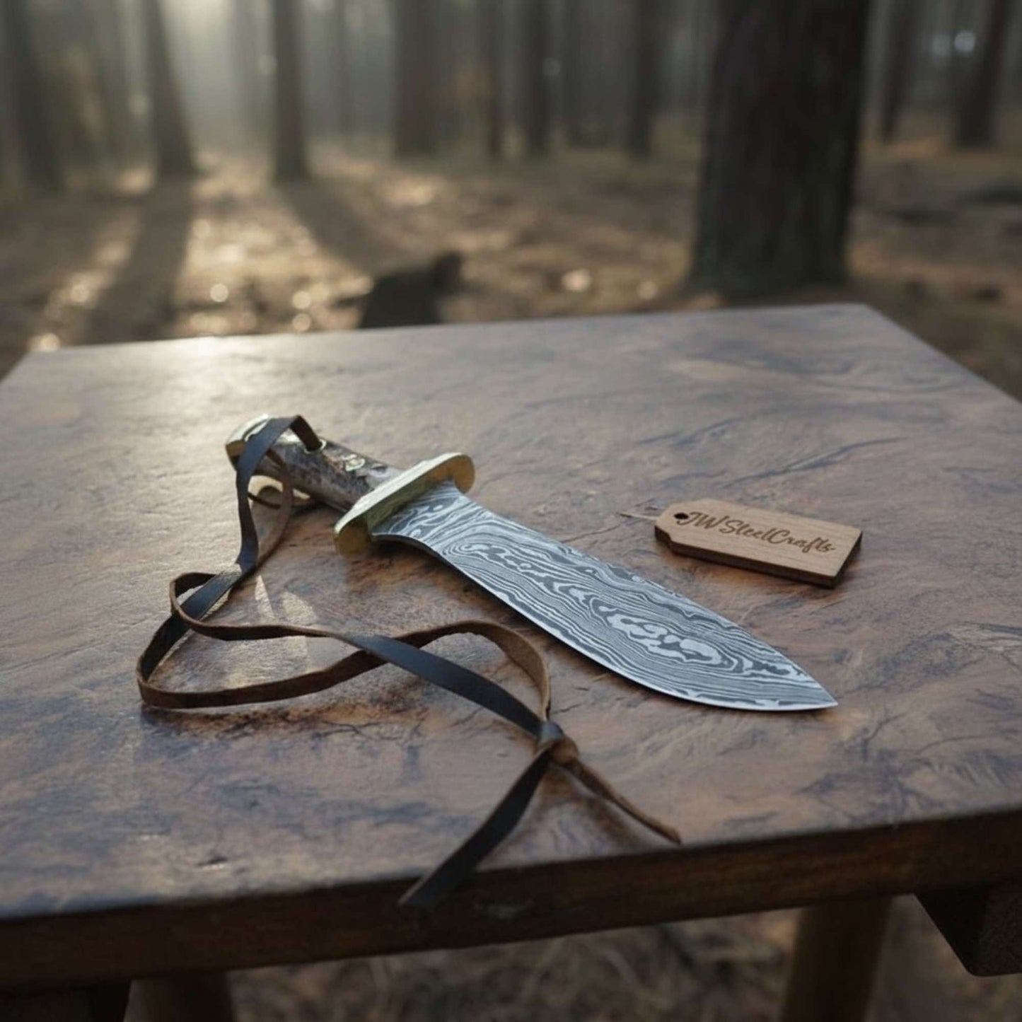 Handmade Persian-Style Upswept Bowie Knife with Stag Handle and Brass Pommel