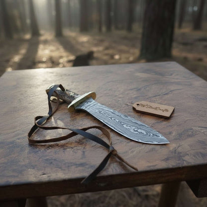 Handmade Persian-Style Upswept Bowie Knife with Stag Handle and Brass Pommel