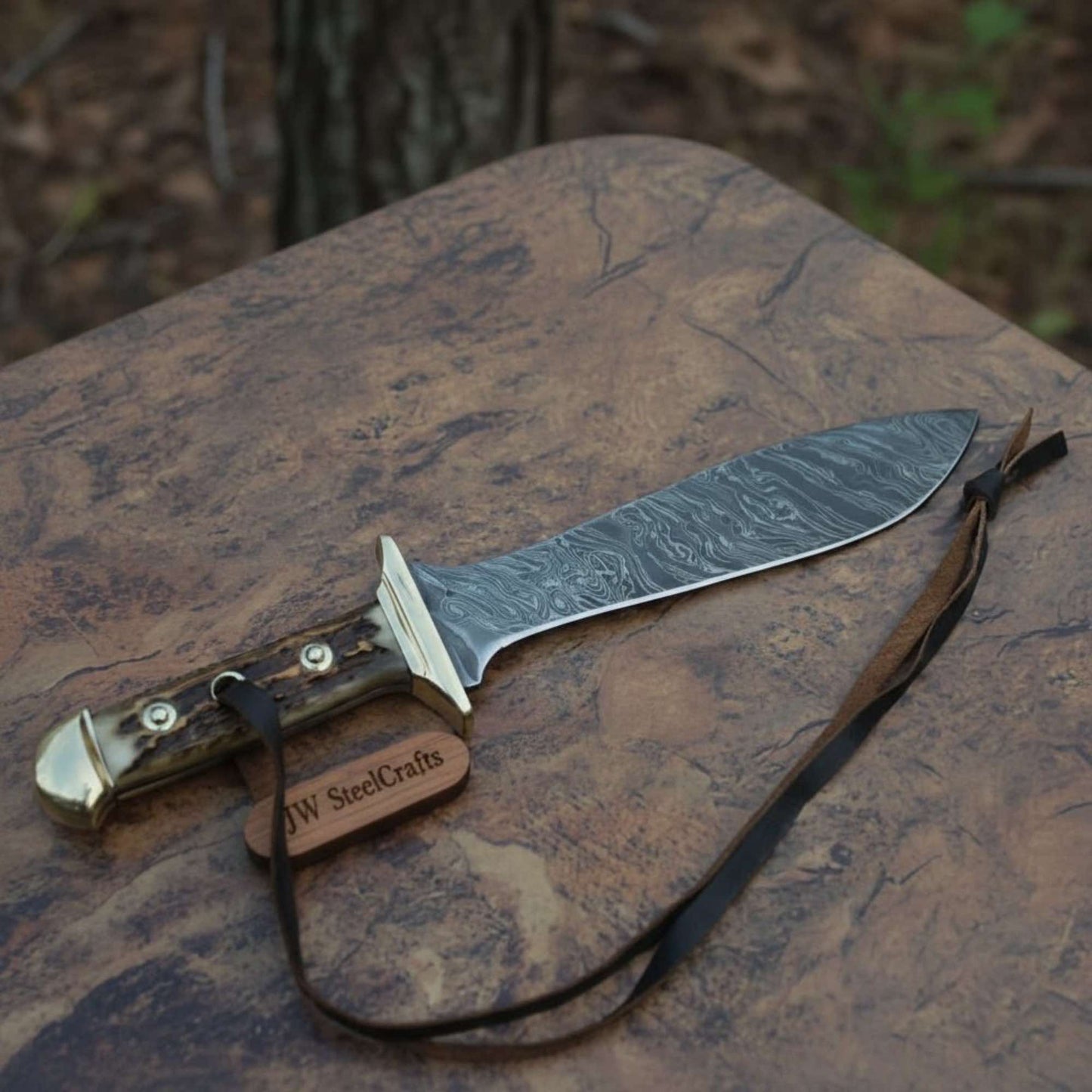Handmade Persian-Style Upswept Bowie Knife with Stag Handle and Brass Pommel