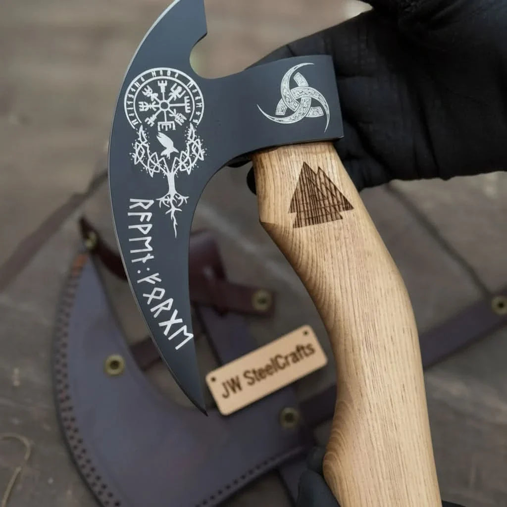 Viking Rune Engraved Bearded Axe Pizza Cutter — Carbon Steel Blade, Ash Wood Handle