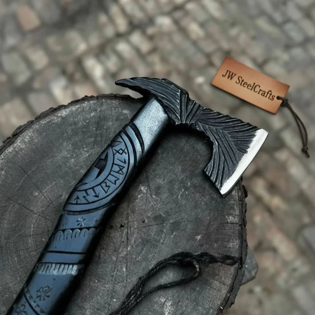Hand Forged Viking Battle Axe with Carved Black Hardwood Handle