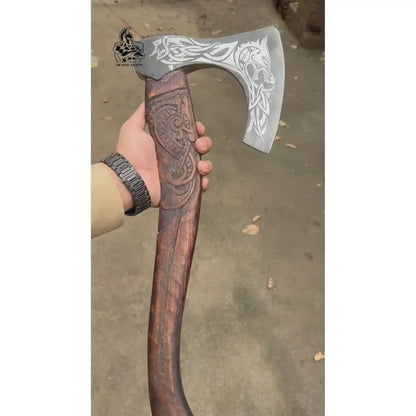 Hand-Engraved Viking Bearded Axe with Carved Hardwood Handle – Damascus Steel Blade | JW SteelCrafts