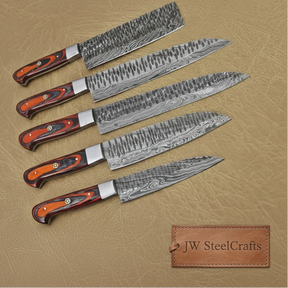 5-Piece Handmade Damascus Kitchen Knife Set with Red Pakka Wood Handles