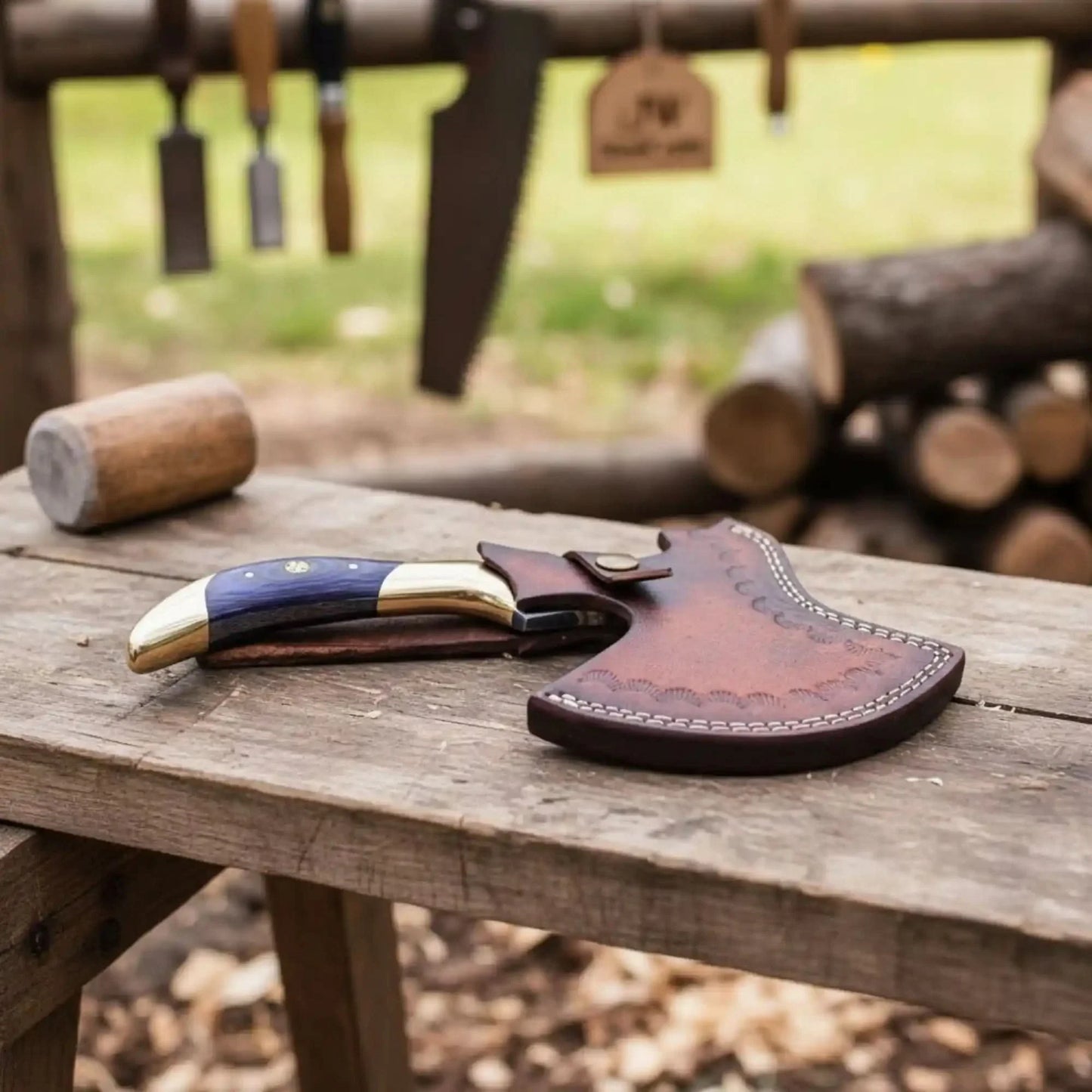 Hand-Forged Damascus Bearded Hatchet with Purple wood and brass Handle