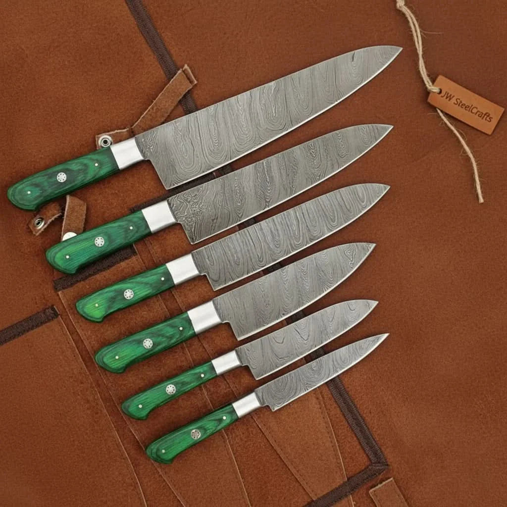 6-Piece Handmade Damascus Steel Kitchen Knife Set, Green Wood Handle, Professional Chef Culinary