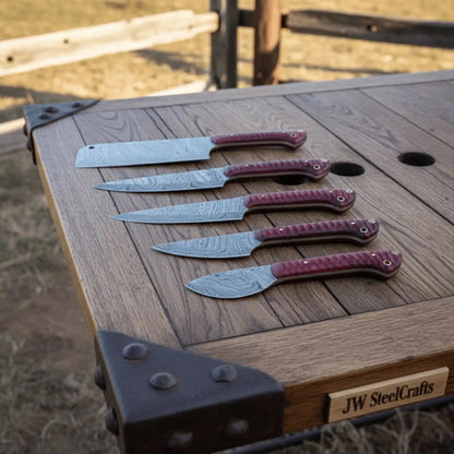 6-Piece Damascus Kitchen Knife Set — Bread, Chef, Santoku, Utility, Boning & Paring with Red Wood Handles