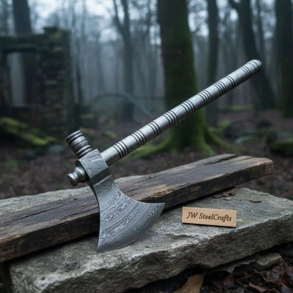 Damascus Steel Smoking Pipe Axe – Hand Forged Functional Pipe Tomahawk with Carved Hardwood Handle | JW SteelCrafts