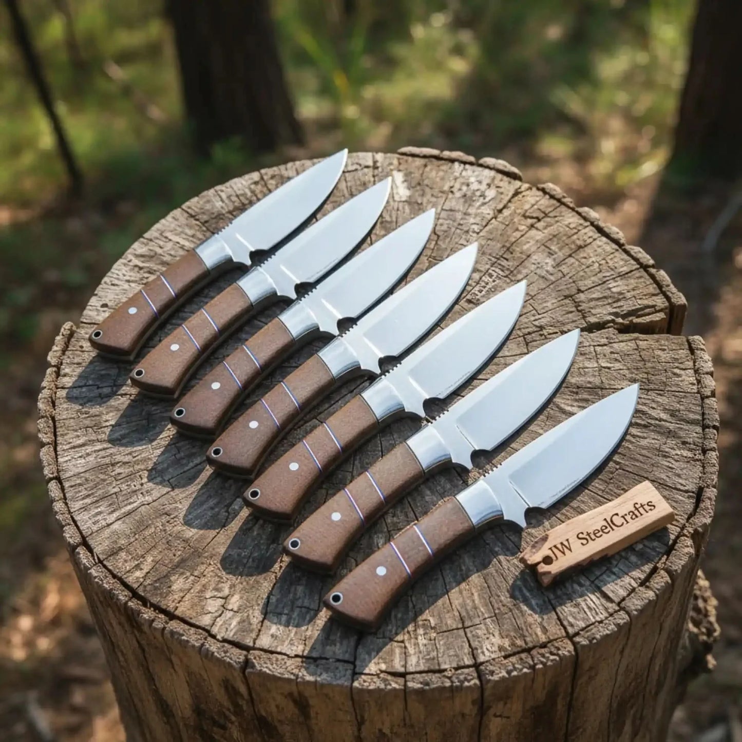Hunting & Bushcraft Knife Set Handmade 7-Piece Full Tang Set with Walnut Handles