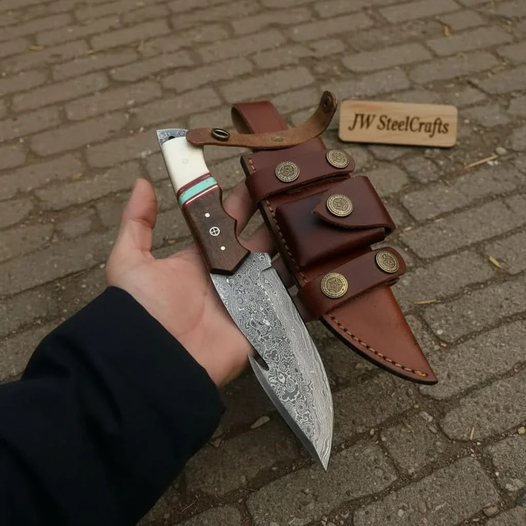 10-Inch Damascus Gut Hook Hunting Knife — Bone, Turquoise Resin & Rosewood Handle