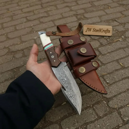 10-Inch Damascus Gut Hook Hunting Knife — Bone, Turquoise Resin & Rosewood Handle