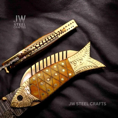 Damascus Fish Folding Knife with Bone Handle, Brass Bolster and Leather Sheath