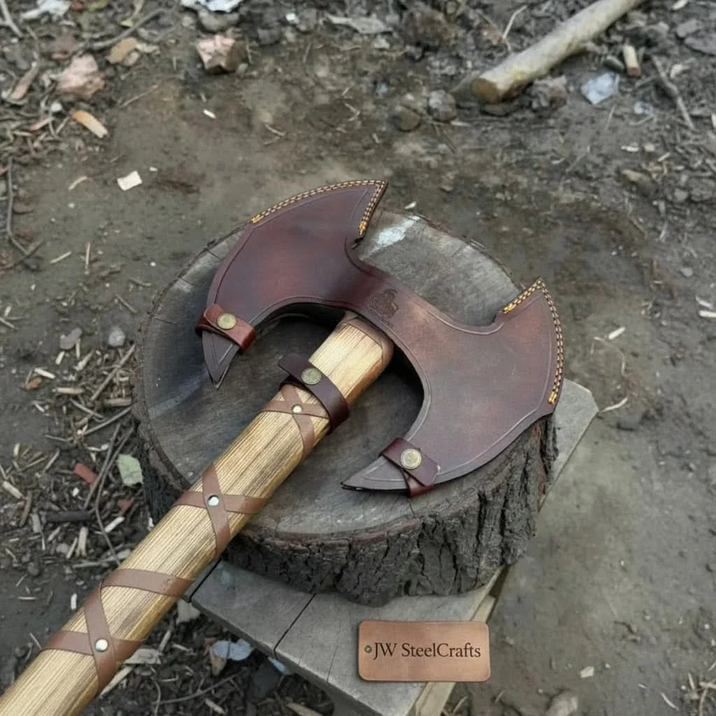 Handcrafted Double-Head Decorative Axe with Wooden Handle – JW SteelCrafts