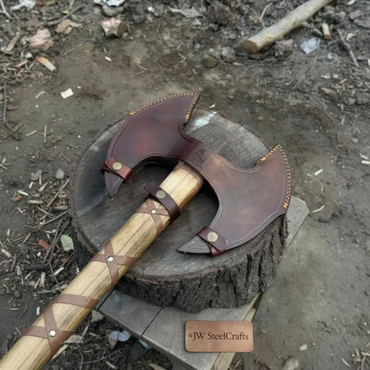Handcrafted Double-Head Decorative Axe with Wooden Handle – JW SteelCrafts