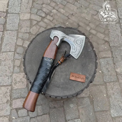 Viking Axe with Leather Wrapped Handle & Engraved Head – JW SteelCrafts