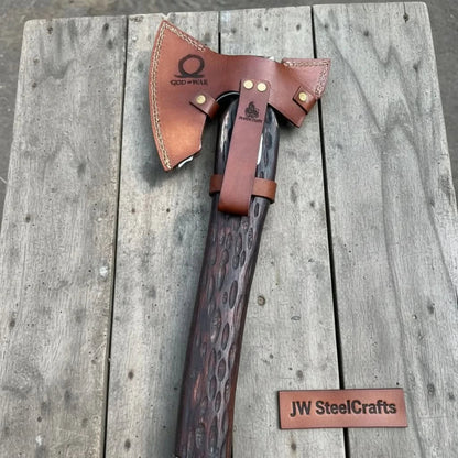 Handmade Viking Double-Bit Carbon Steel Axe with Norse Rune Etching and Engraved Hardwood Handle