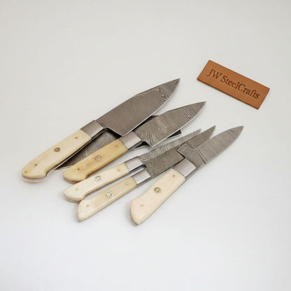 6-Piece Damascus Kitchen Knife Set – Gyuto, Santoku, Nakiri, Boning, Utility & Paring | Natural Bone Handle | Leather Roll