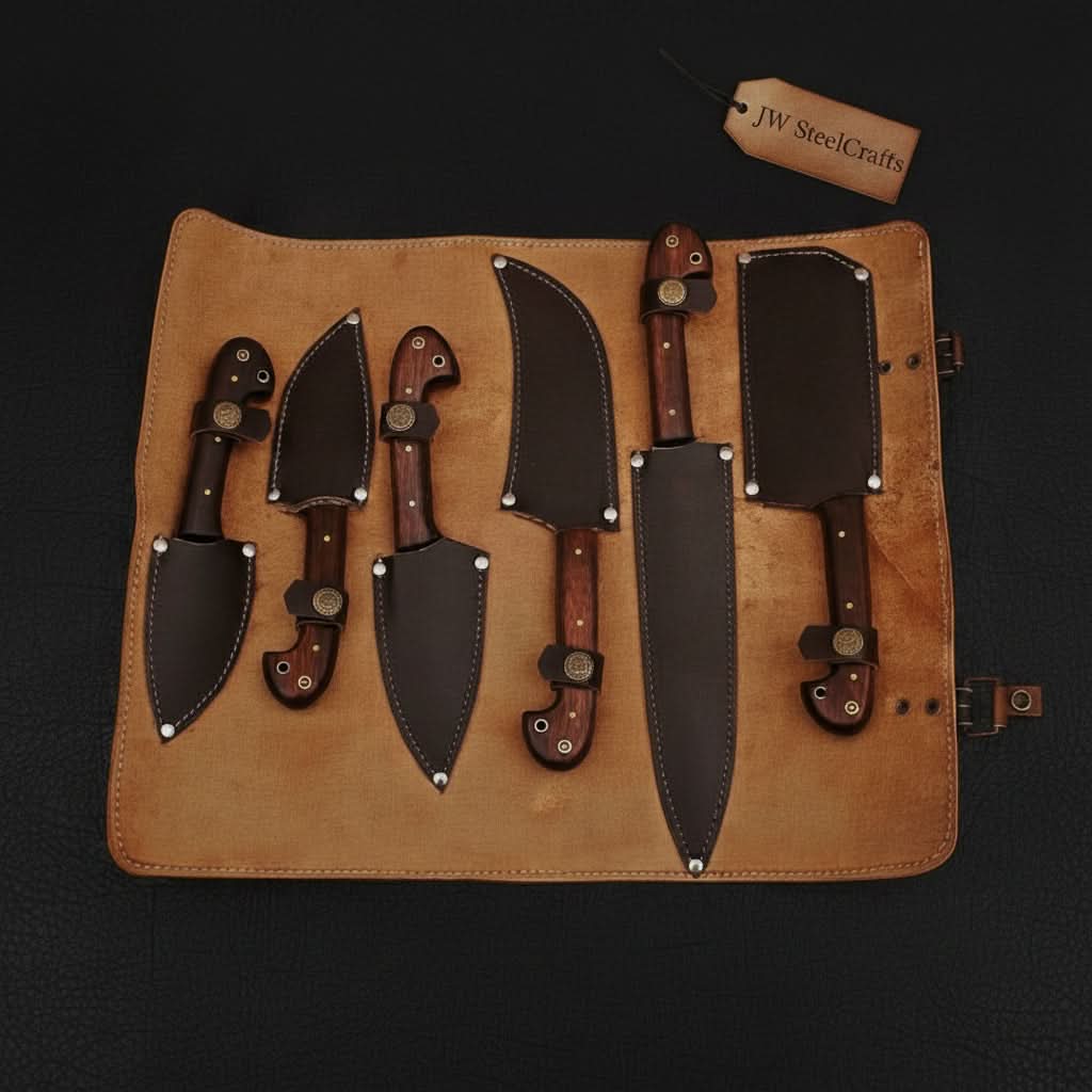 6-Piece Damascus Knife Set with Leather Roll