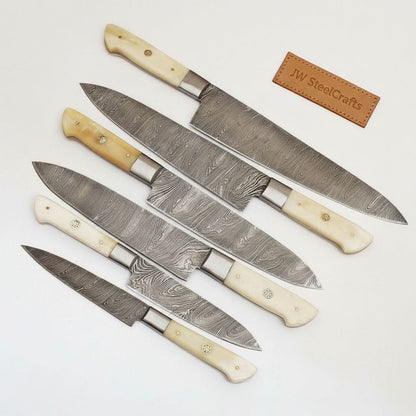 6-Piece Damascus Kitchen Knife Set – Gyuto, Santoku, Nakiri, Boning, Utility & Paring | Natural Bone Handle | Leather Roll