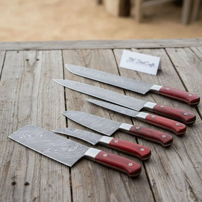 7-Piece Kitchen Knife Set with Vegetable Cleaver with Red Pakka Wood Handles and Swirl Damascus Blades