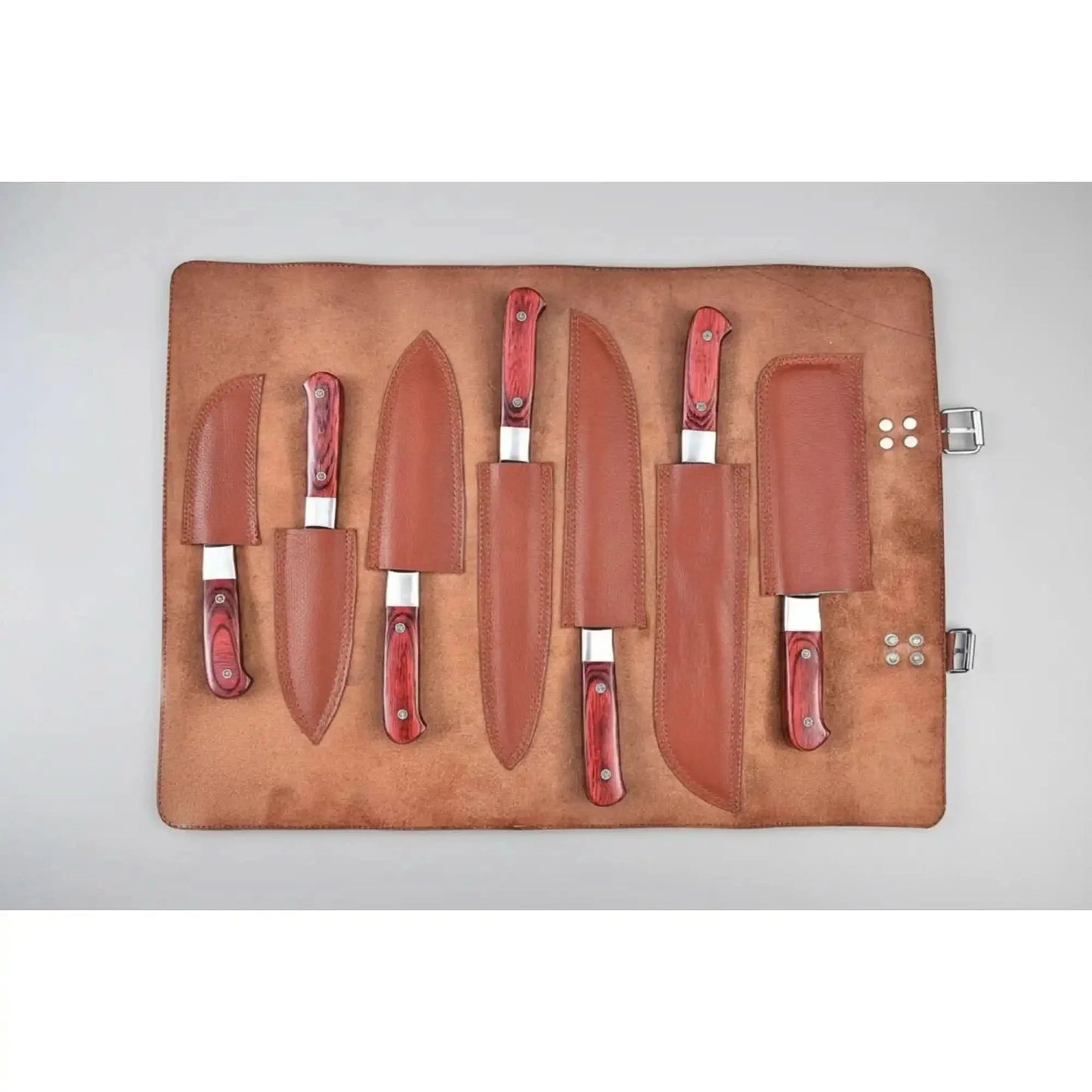 7-Piece Kitchen Knife Set with Vegetable Cleaver with Red Pakka Wood Handles and Swirl Damascus Blades